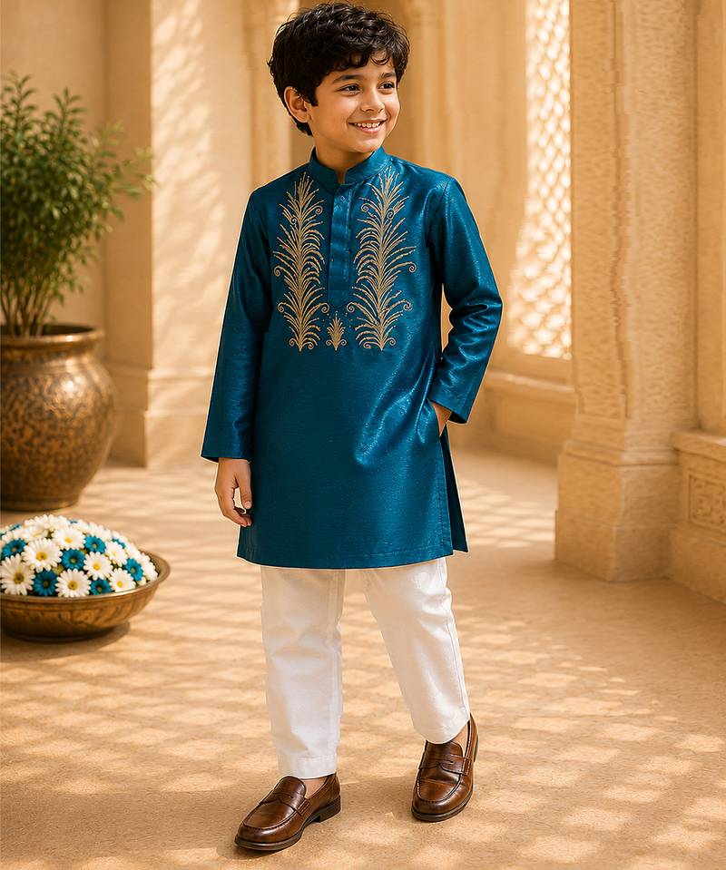 Teal green embroidered cotton kurta set