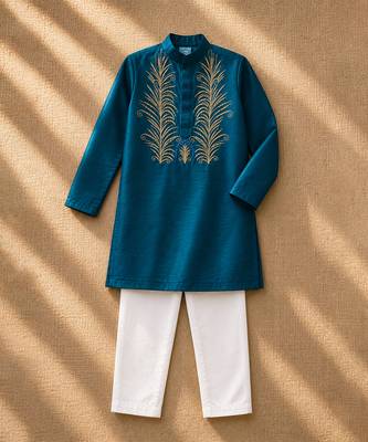 Teal green embroidered cotton kurta set 2