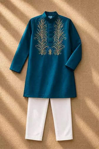 Teal green embroidered cotton kurta set