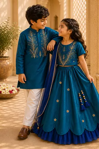 Teal green embroidered cotton kurta set