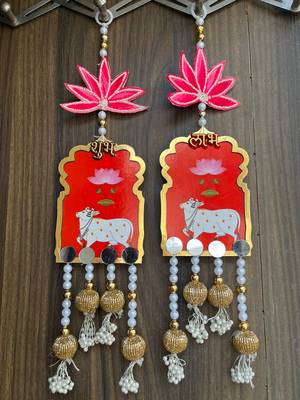 handmade shubh labh cow lotus hanging for pooja home decor pack of 2 1
