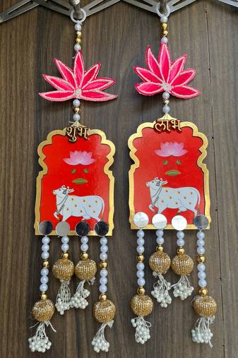 handmade shubh labh cow lotus hanging for pooja home decor pack of 2