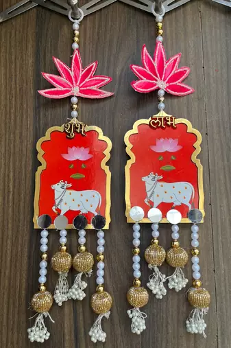 handmade shubh labh cow lotus hanging for pooja home decor pack of 2