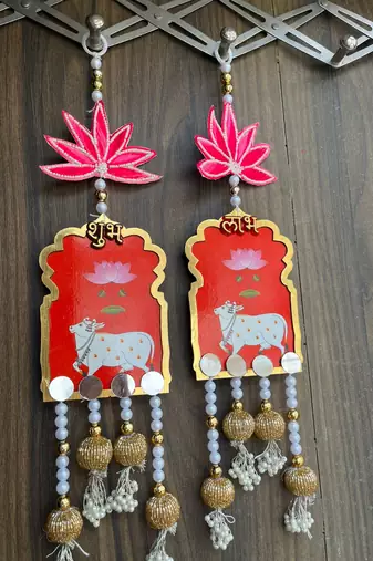 handmade shubh labh cow lotus hanging for pooja home decor pack of 2