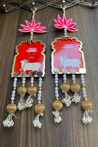 handmade shubh labh cow lotus hanging for pooja home decor pack of 2
