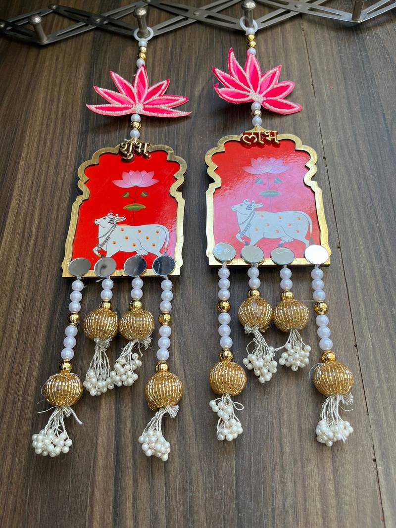 handmade shubh labh cow lotus hanging for pooja home decor pack of 2