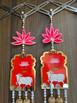 handmade shubh labh cow lotus hanging for pooja home decor pack of 2 4