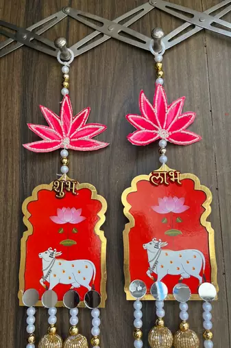 handmade shubh labh cow lotus hanging for pooja home decor pack of 2