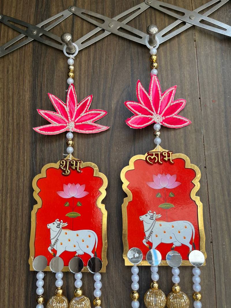 handmade shubh labh cow lotus hanging for pooja home decor pack of 2