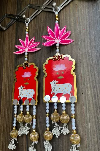 handmade shubh labh cow lotus hanging for pooja home decor pack of 2