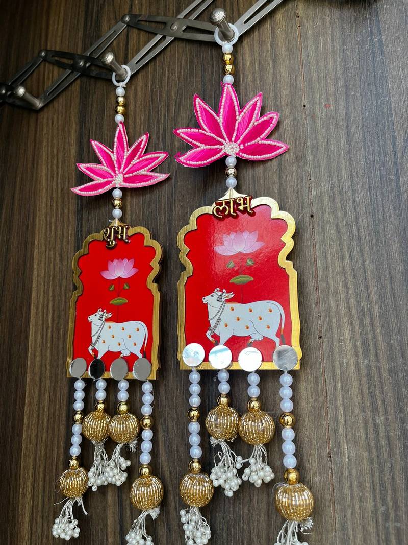handmade shubh labh cow lotus hanging for pooja home decor pack of 2