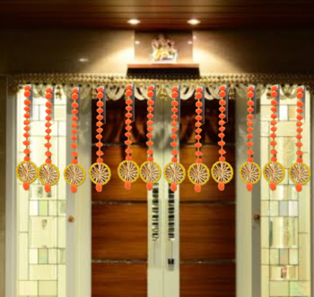handmade wall door pom-pom string with golden beads and gota decoration orange pack of 12 1