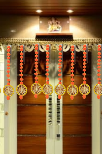 handmade wall door pom-pom string with golden beads and gota decoration orange pack of 12