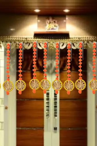 handmade wall door pom-pom string with golden beads and gota decoration orange pack of 12