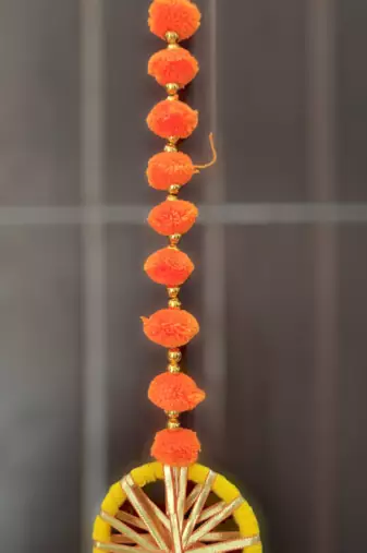 handmade wall door pom-pom string with golden beads and gota decoration orange pack of 12