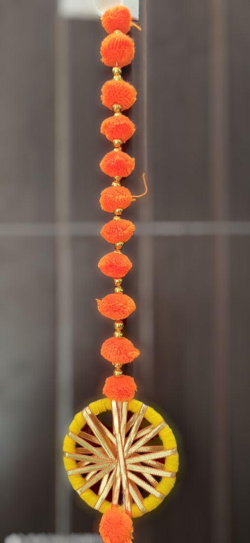 handmade wall door pom-pom string with golden beads and gota decoration orange pack of 12