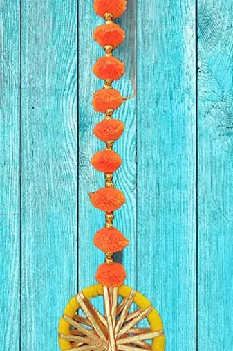 handmade wall door pom-pom string with golden beads and gota decoration orange pack of 12