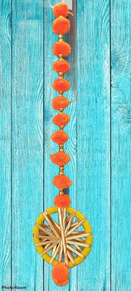 handmade wall door pom-pom string with golden beads and gota decoration orange pack of 12