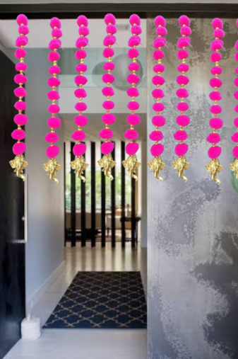 handmade pom-pom string with golden beads and ganesha heads decoration pink pack of 12