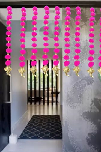 handmade pom-pom string with golden beads and ganesha heads decoration pink pack of 12