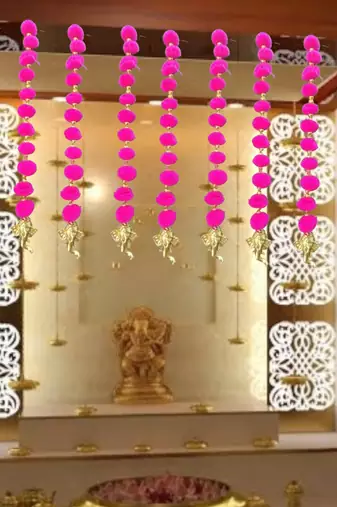 handmade pom-pom string with golden beads and ganesha heads decoration pink pack of 12