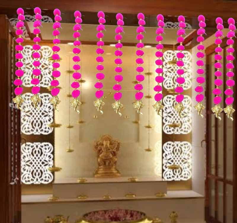 handmade pom-pom string with golden beads and ganesha heads decoration pink pack of 12