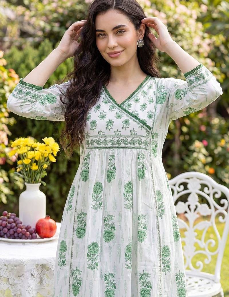 Women Floral Printed Angrakha Pure Cotton Kurta with Trousers