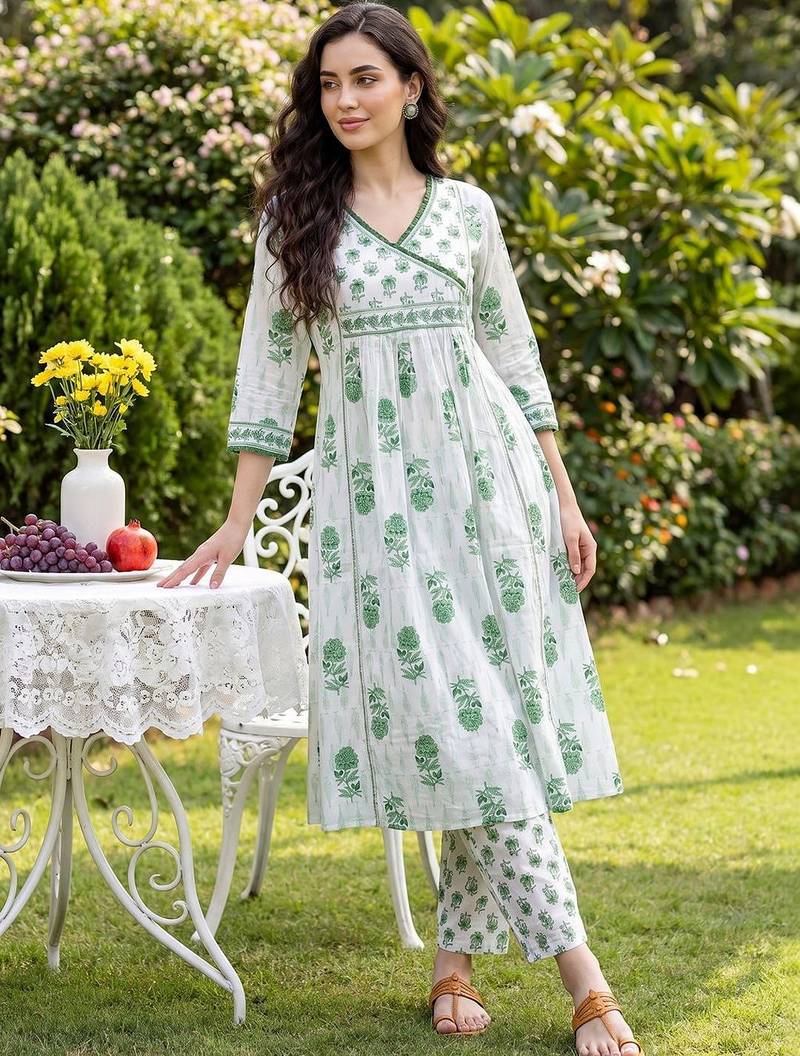 Women Floral Printed Angrakha Pure Cotton Kurta with Trousers