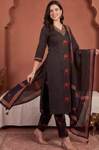 Women Ethnic Motifs Printed Regular Thread Work Pure Cotton Kurta with Trousers & With Dupatta