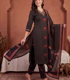 Women Ethnic Motifs Printed Regular Thread Work Pure Cotton Kurta with Trousers & With Dupatta