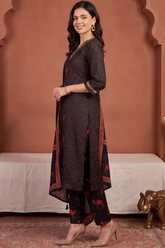 Women Ethnic Motifs Printed Regular Thread Work Pure Cotton Kurta with Trousers & With Dupatta