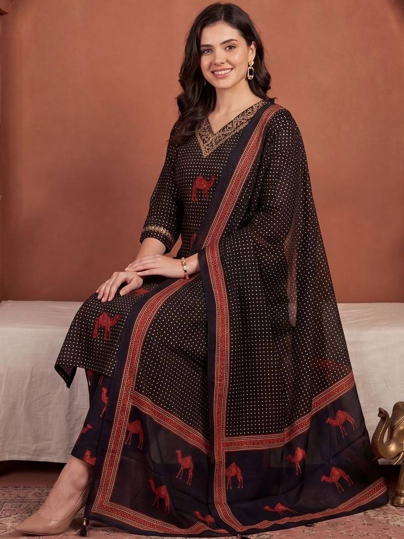 Women Ethnic Motifs Printed Regular Thread Work Pure Cotton Kurta with Trousers & With Dupatta