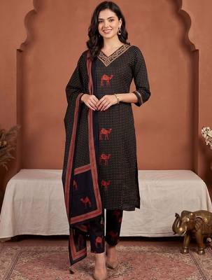 Women Ethnic Motifs Printed Regular Thread Work Pure Cotton Kurta with Trousers & With Dupatta 5
