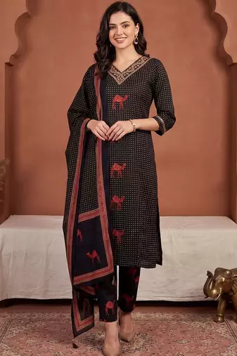 Women Ethnic Motifs Printed Regular Thread Work Pure Cotton Kurta with Trousers & With Dupatta