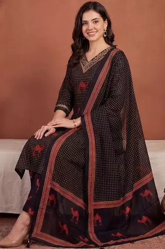 Women Ethnic Motifs Printed Regular Thread Work Pure Cotton Kurta with Trousers & With Dupatta