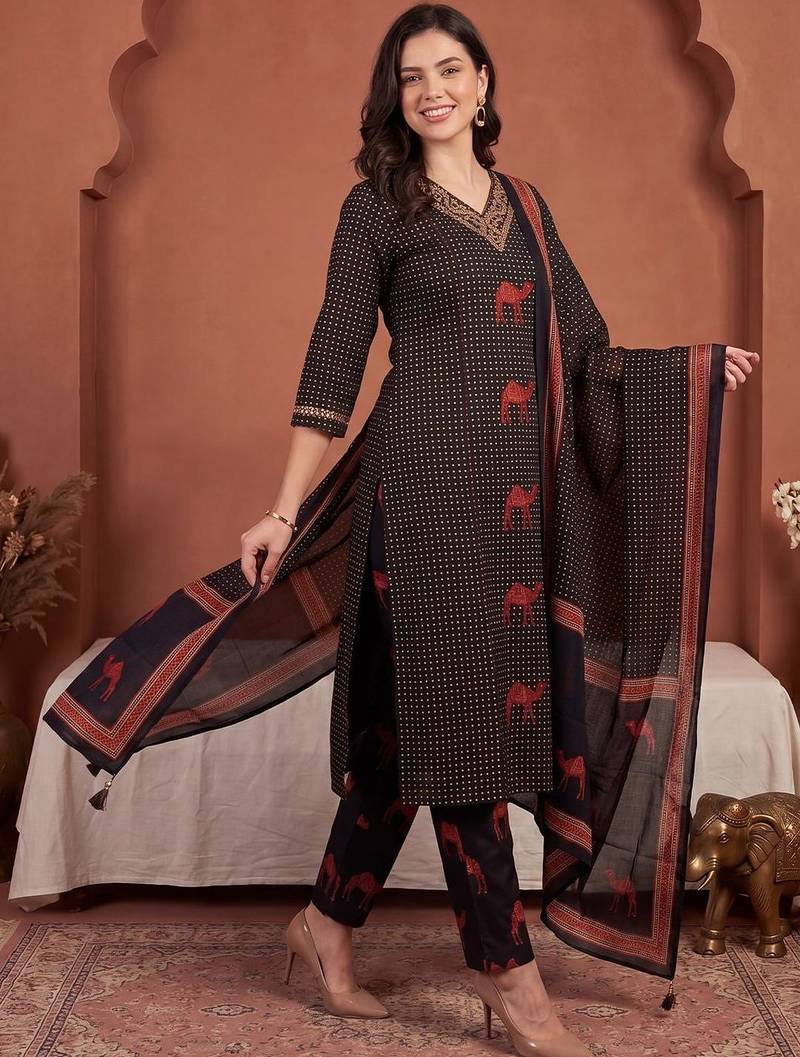 Women Ethnic Motifs Printed Regular Thread Work Pure Cotton Kurta with Trousers & With Dupatta