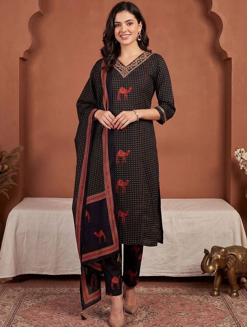 Women Ethnic Motifs Printed Regular Thread Work Pure Cotton Kurta with Trousers & With Dupatta