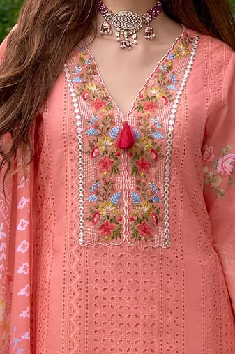Women Floral Embroidered Regular Mirror Work Pure Cotton Kurta with Trousers & With Dupatta