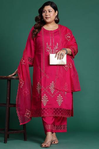Plus Size Pink Embroidered Straight Kurta Trousers With Dupatta Set