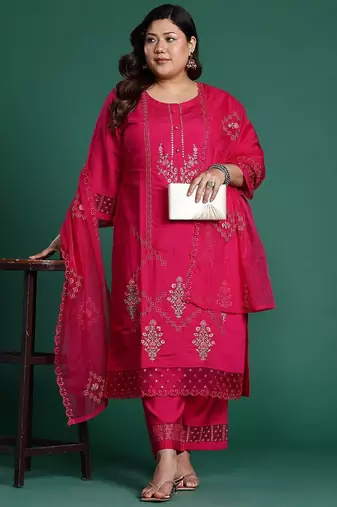 Plus Size Pink Embroidered Straight Kurta Trousers With Dupatta Set