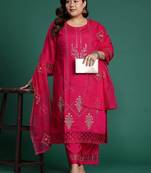 Plus Size Pink Embroidered Straight Kurta Trousers With Dupatta Set