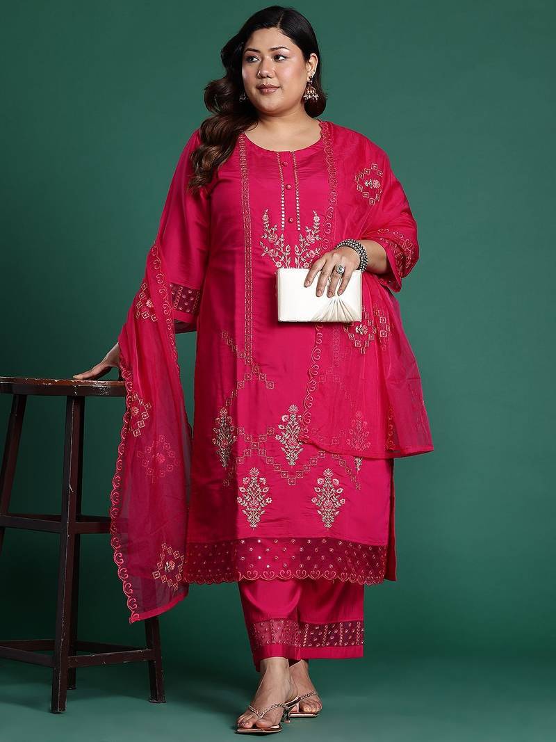 Plus Size Pink Embroidered Straight Kurta Trousers With Dupatta Set