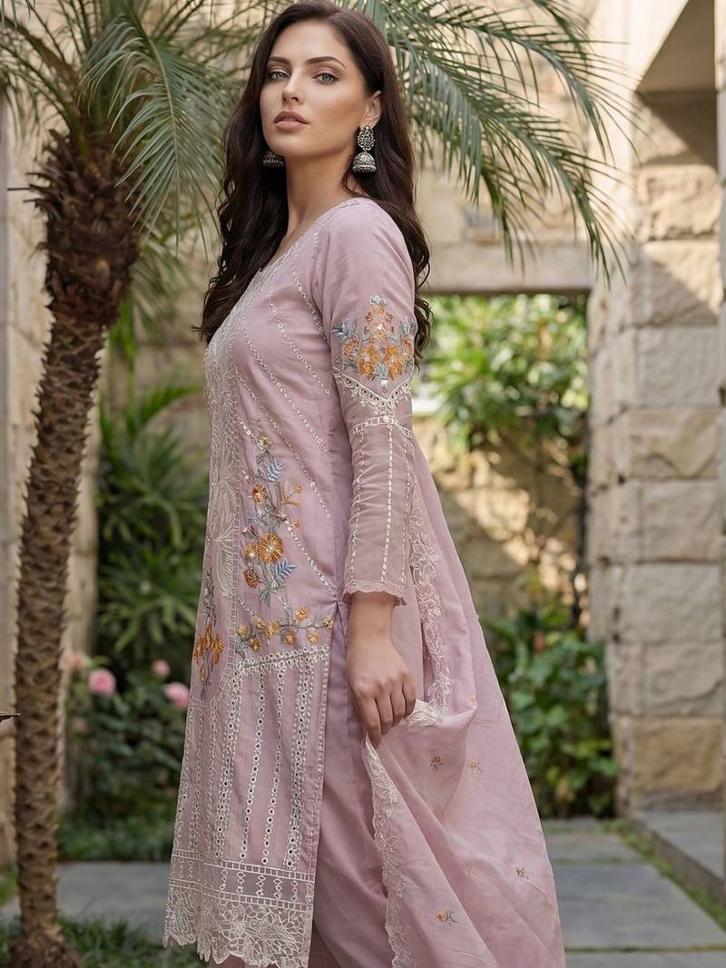 Women Floral Embroidered Regular Sequinned Pure Cotton Kurta with Trousers & With Dupatta