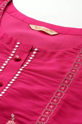 Plus Size Pink Embroidered Straight Kurta Trousers With Dupatta Set