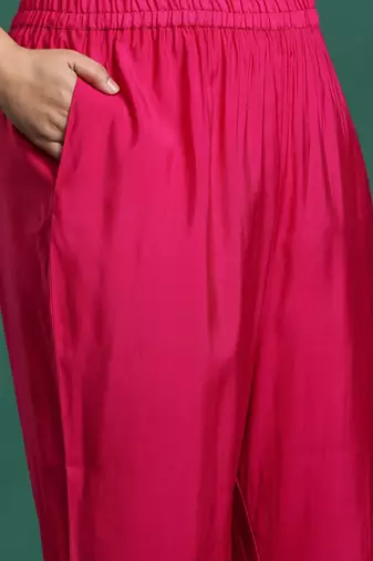 Plus Size Pink Embroidered Straight Kurta Trousers With Dupatta Set