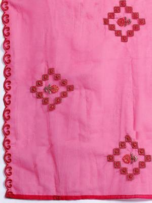 Plus Size Pink Embroidered Straight Kurta Trousers With Dupatta Set 4