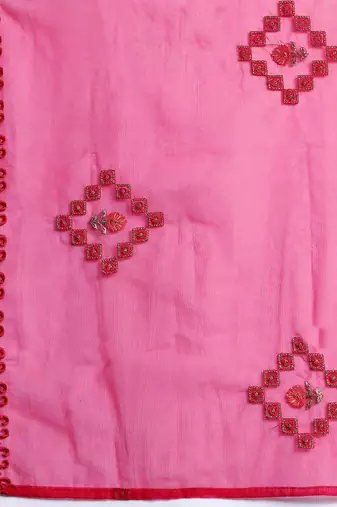 Plus Size Pink Embroidered Straight Kurta Trousers With Dupatta Set