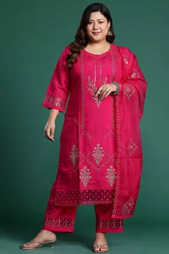 Plus Size Pink Embroidered Straight Kurta Trousers With Dupatta Set
