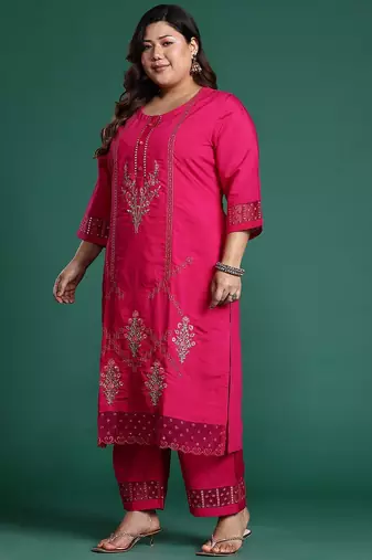 Plus Size Pink Embroidered Straight Kurta Trousers With Dupatta Set