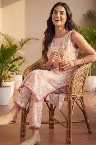 Floral Printed Pure Cotton Kurta with Trousers